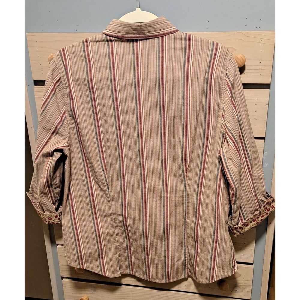 Lemon Grass Studio Striped Button-Down Shirt w/ Floral Accents- Large - Picture 2 of 7